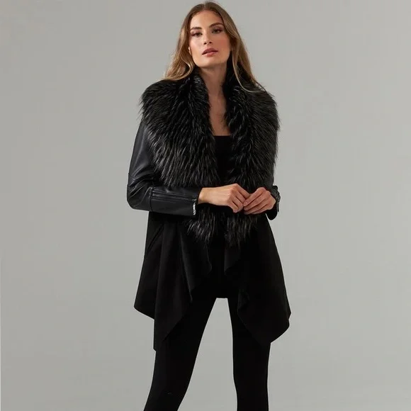 Joseph Ribkoff Black Teddy Jacket with Faux Fur Collar Sz XS statement piece - Picture 2 of 6